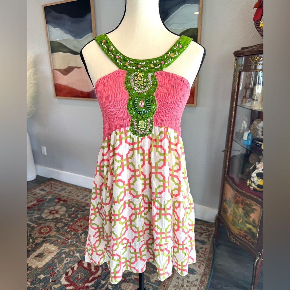 Krista Lee Pink and Green Sequined and Beaded Sundress